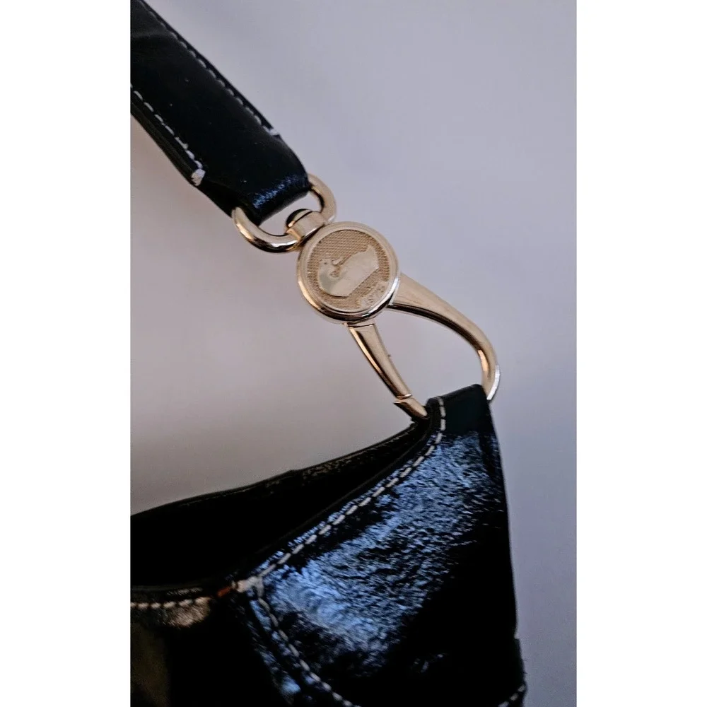 Dooney‎ & Bourke Luisa Black Patent Leather Hobo Bag White Stitching Gingham EUC